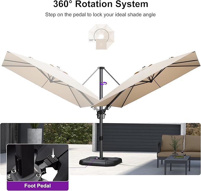 PURPLE LEAF 8.8' X 8.8' Right-left Tilt Patio Umbrella with Base Outdoor Cantilever Swivel Square Umbrella with Tilt Aluminum Offset Umbrella with 360-degree Rotation for Garden Deck Pool Patio Beige