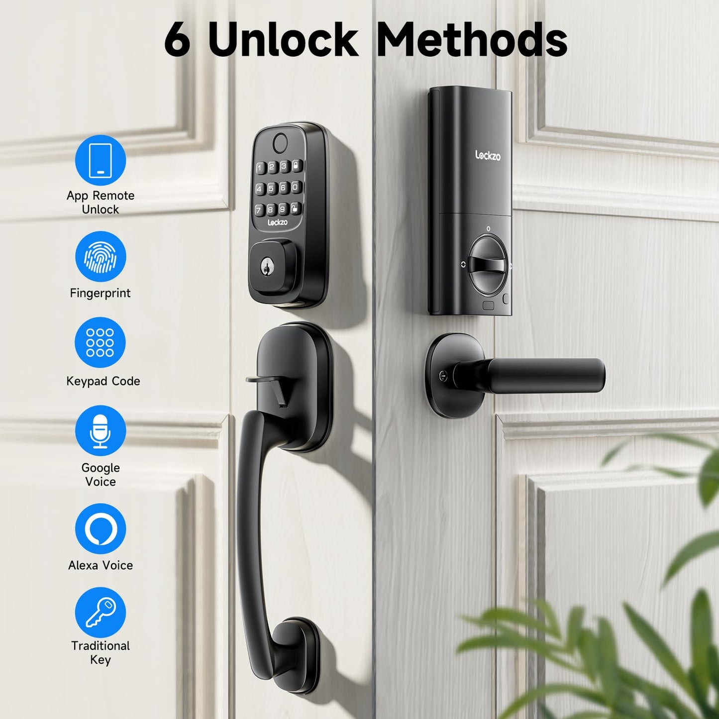 Smart Door Lock with Handle, Keyless Entry Door Lock Deadbolt Handle Set, Built-in WiFi Deadbolt Smart Lock for Front, Fingerprint, Keypad Code, App Control, Voice Control