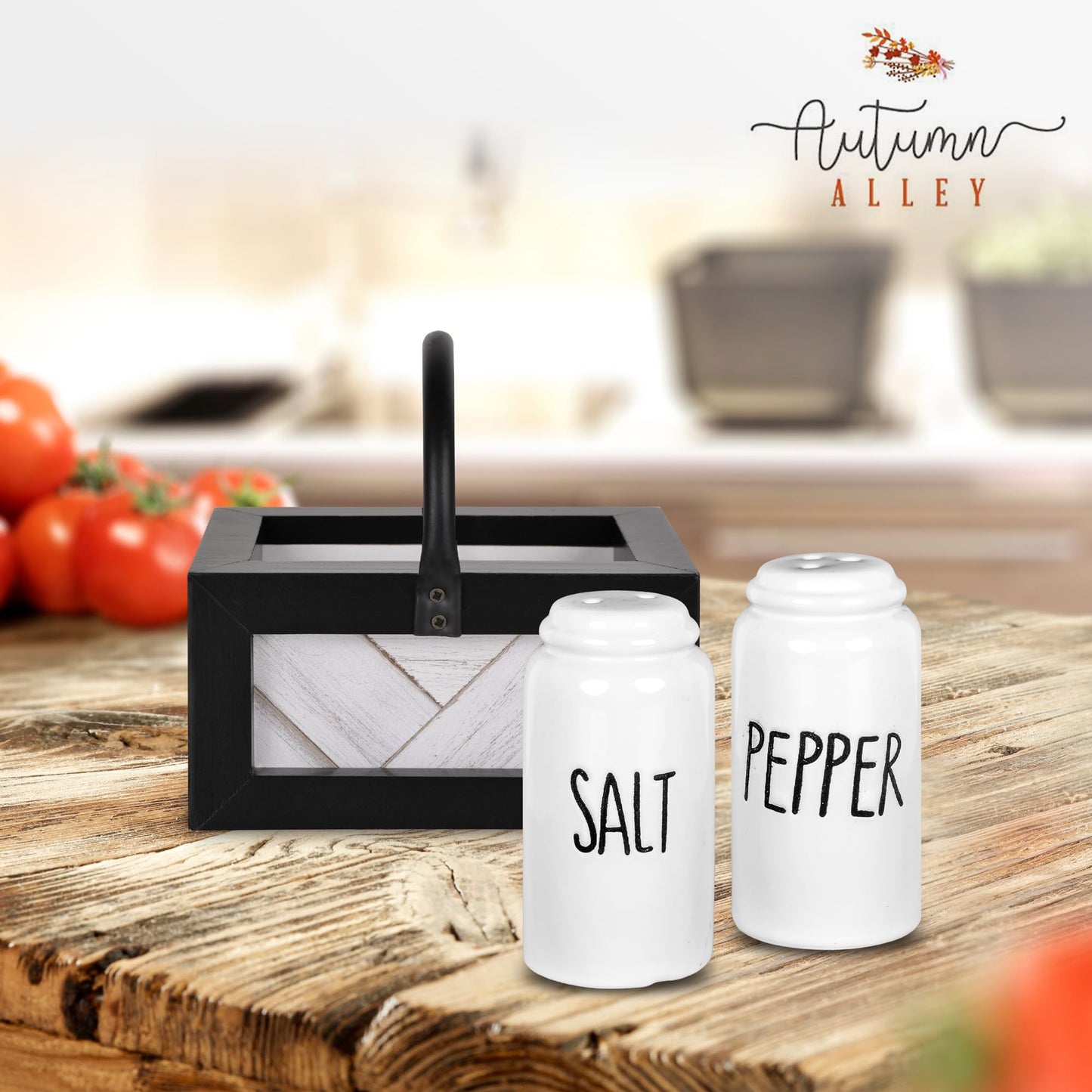 Autumn Alley Farmhouse Salt and Pepper Shakers Set for Kitchen Counter – Striking Black and White Salt and Pepper Shakers Set with Holder – Unique Shiplap Design for Farmhouse Kitchen Decor