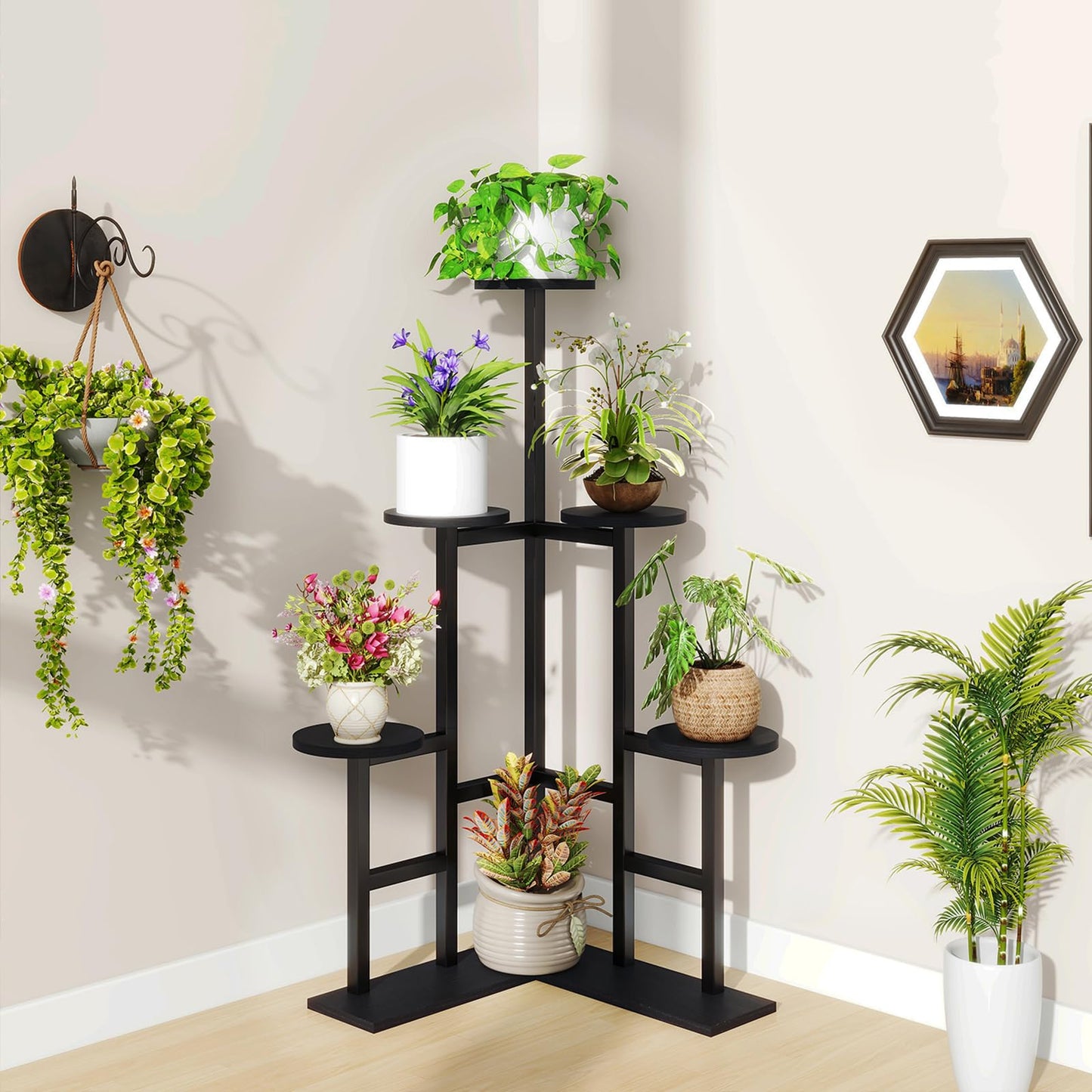 IBUYKE 6 Tier Plant Stand Indoor, Tall Flower Pot Stand for Multiple Plants, Tiered Corner Plant Shelf for Living Room Patio Balcony Garden, , Black TMJ072B
