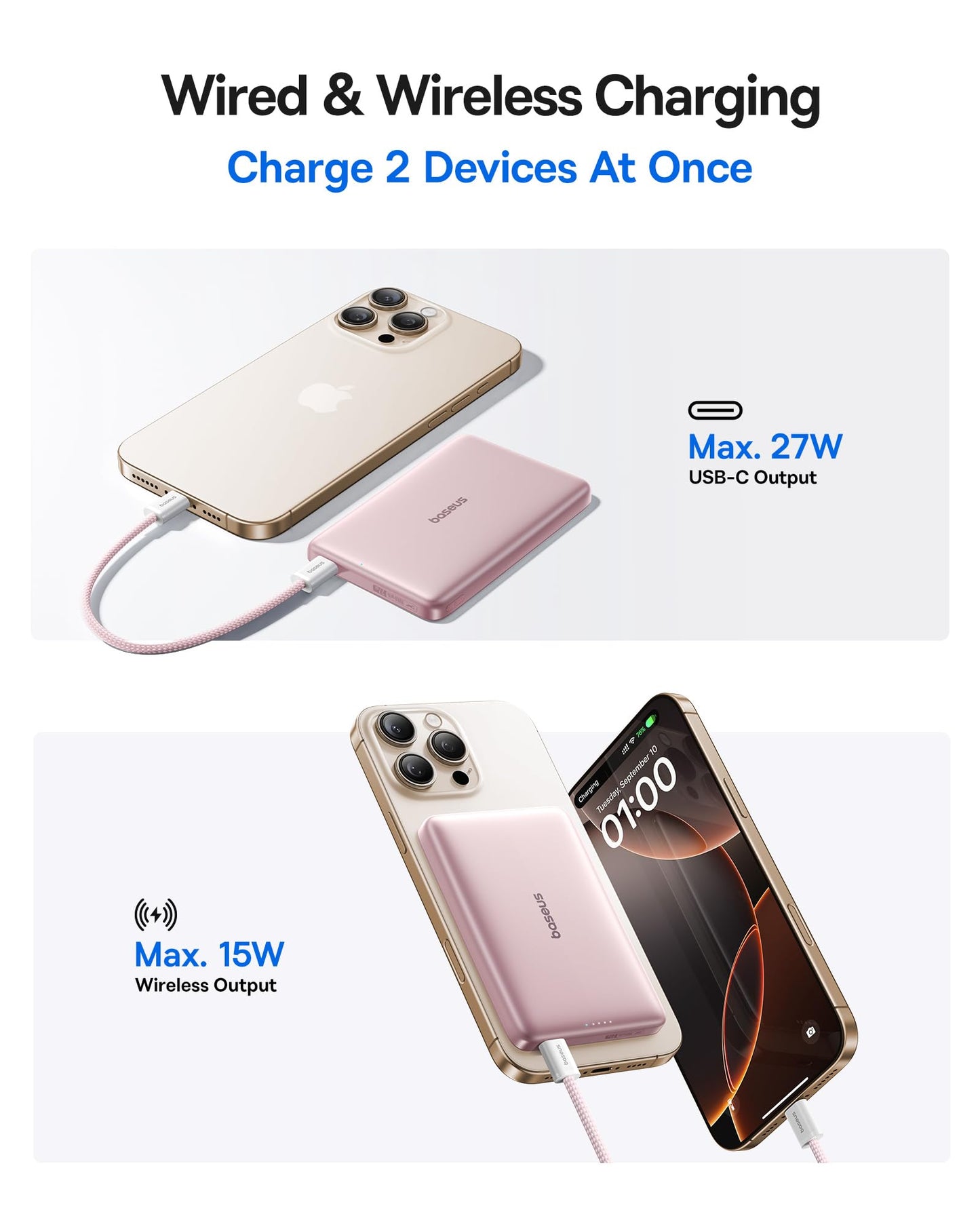 Baseus Picogo Magsafe Portable Charger, Qi2 Certified 0.5" Ultra Slim 15W Wireless Power Bank, 10000mAh 27W Fast Charging Magnetic Battery Pack with USB-C for iPhone 17/16/15/14/13/12 Series Only
