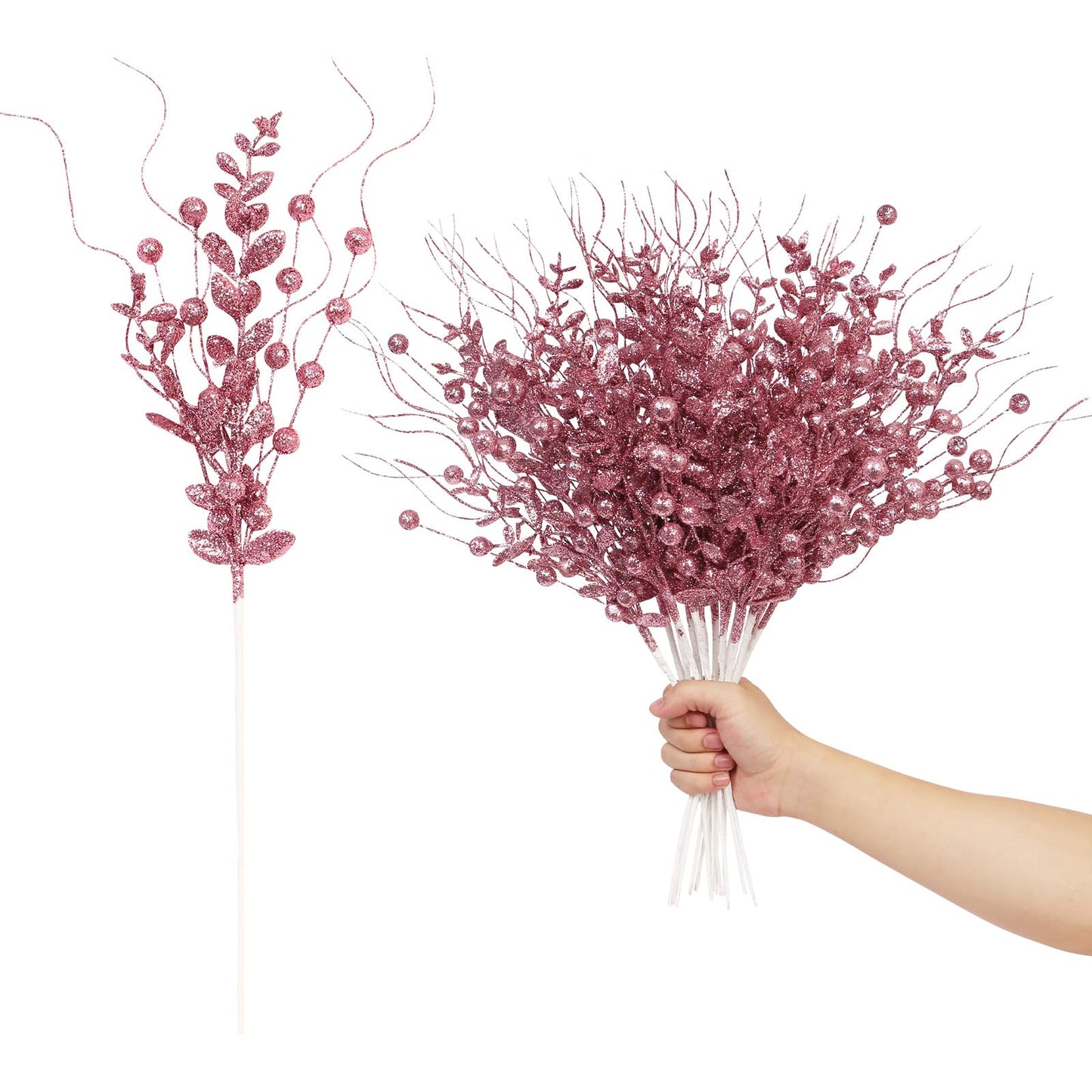 24 Pack Christmas Tree Decorations Picks and Sprays, Christmas Ornaments Artificial Glitter Berry Stems Branches Picks Twigs for Xmas Tree Vase Filler Home Holiday Decor (Pink-A)