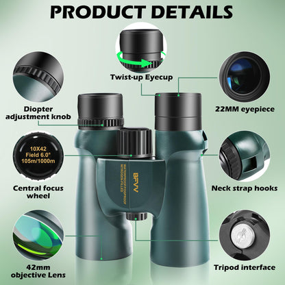 BFVV 10x42 Binoculars for Adults High Powered, IP67 Waterproof Fogproof Compact Binoculars with Low Light Vision for Bird Watching Hunting Hiking Travel Camping Cruise Sports Stargazing Gift for Men