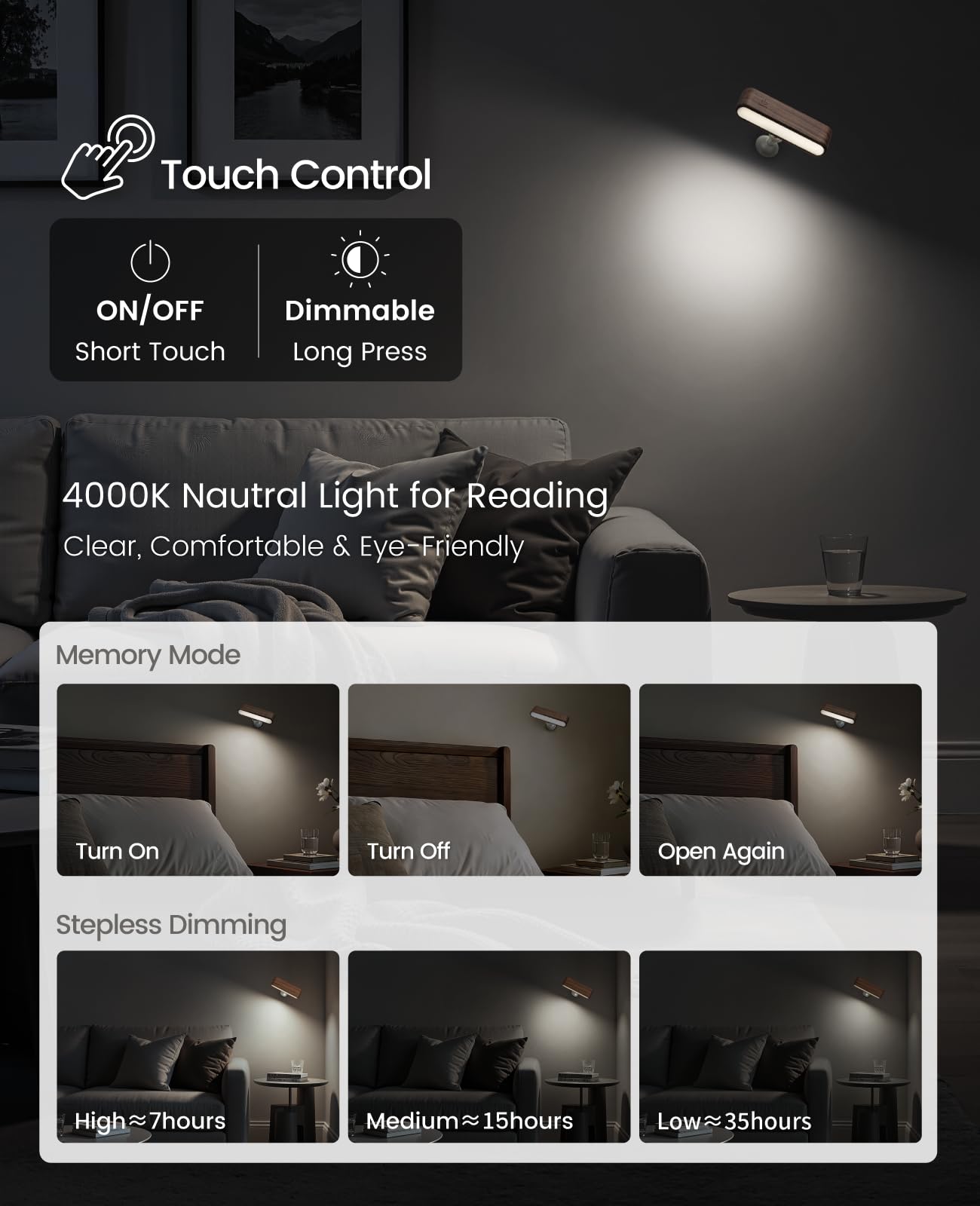 Wood LED Wall Sconce Magnetic 360°Rotate Mounted Mini Lamp Brightness Adjustable Nightlights Rechargeable Battery Powered Reading Light for Bedside Hallway Living Room Black Walnut Set of 2