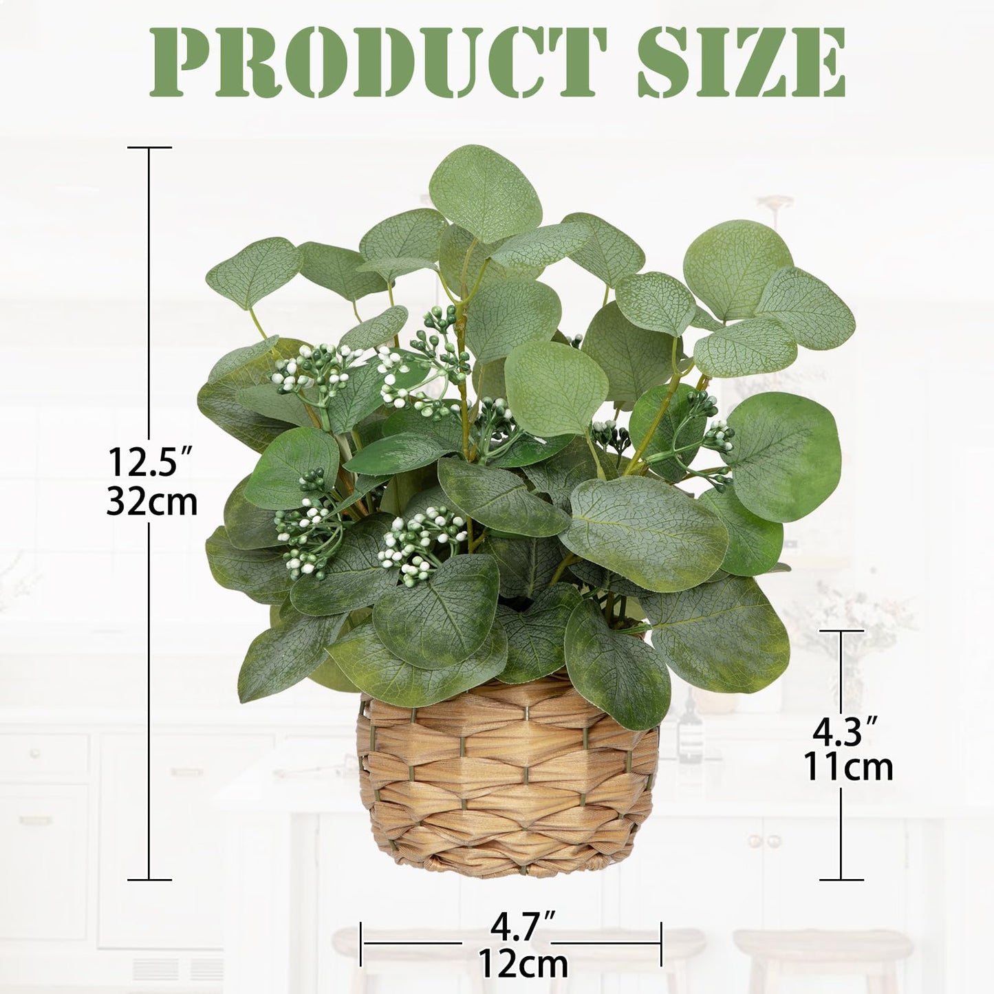 DILATATA Artificial Eucalyptus Stems in Woven Basket Planter, 12" Fake Plant Eucalyptus Leaves with Green Seeds Faux Potted Plant Greenery for Table Centerpiece Office Indoor Home Decor