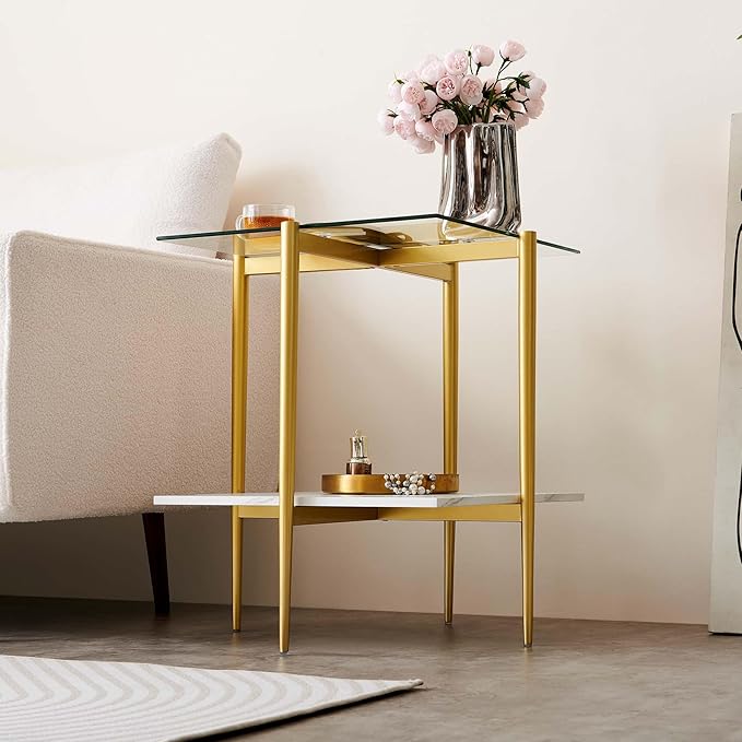 LumFurn Square Glass End Table, Mid-Century Modern Design Sofa Table,