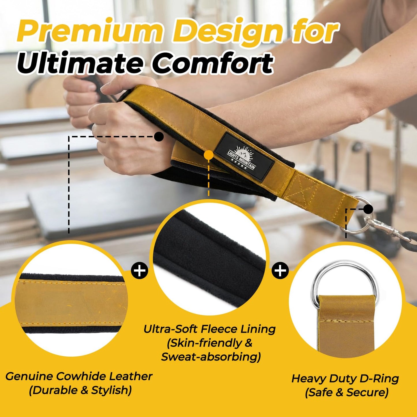 Lights Mountain Leather Pilates Double Loop D-Ring Straps - Soft Fleece Lined for Reformer, Dual Loops for Hands & Legs, Home & Studio Gym Accessories