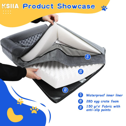 KSIIA Large Dog Bed, Orthopedic Dog Sofa Beds Pet Bed, Dog Couch with Removable Washable Cover, Waterproof Dog Bed, Pet Sofa with U-Shape Bolster, Grey 90x57x16cm