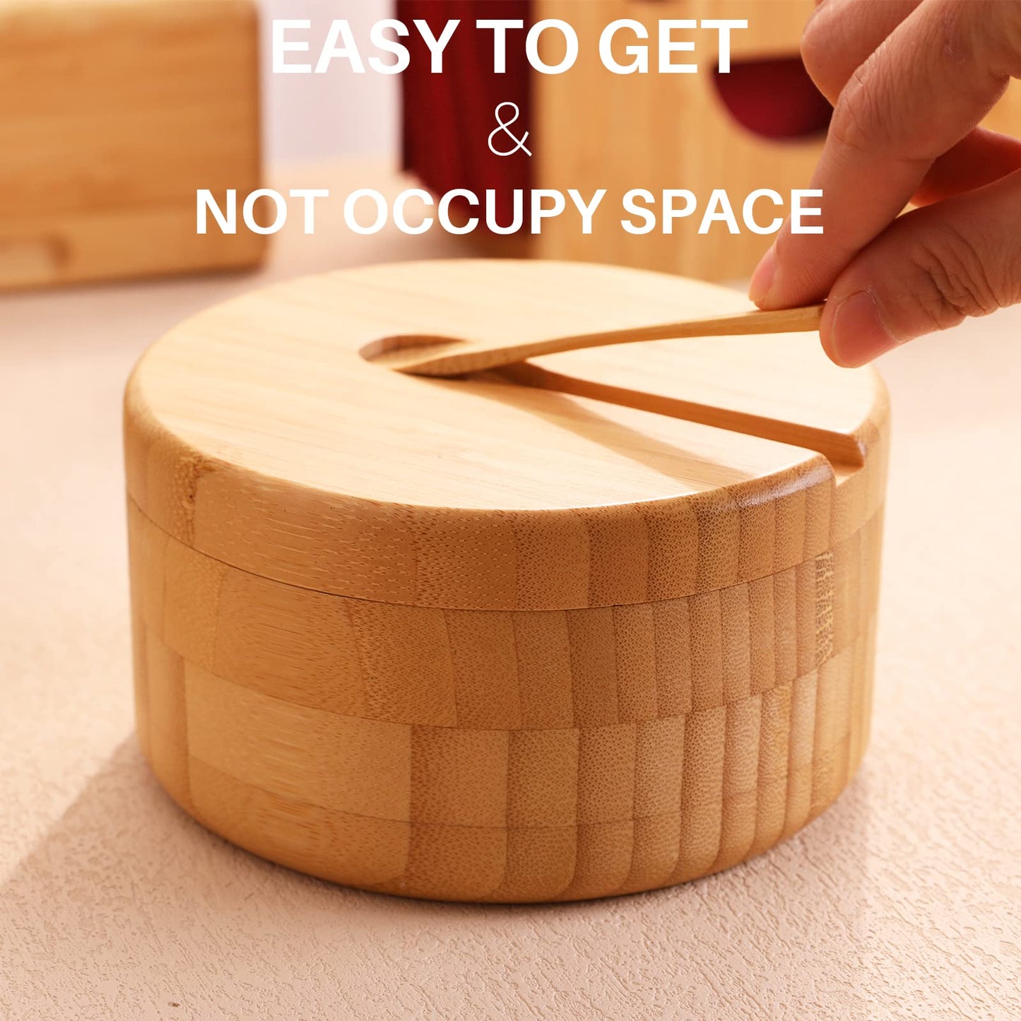 HTB Bamboo Salt and Pepper Bowls, Divided Salt Cellar With Swivel Lid and Spoon, Seasoning Containers With Magnetic Lid to Keep Dry, Mini Spoon Built Into Top, Great When You May Have Messy Hands