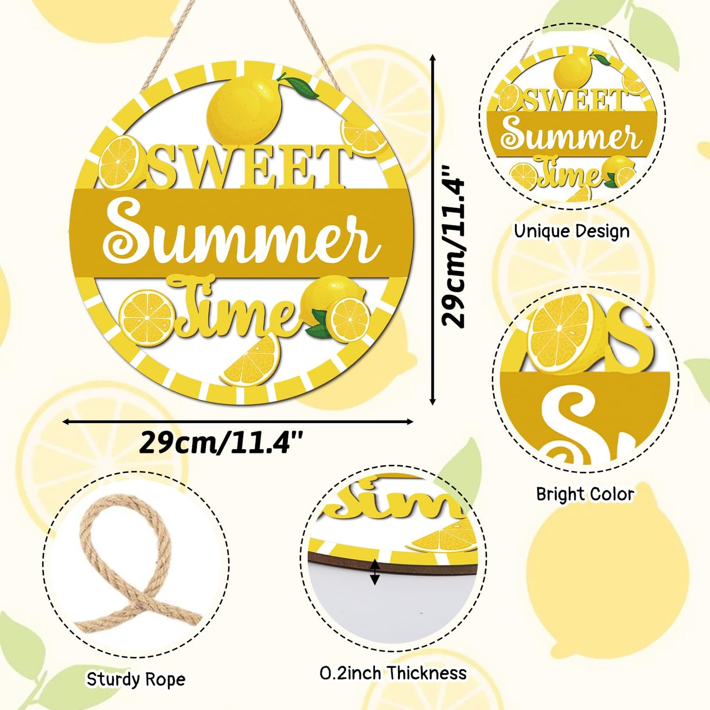HOURIA 3D Lemon Wooden Door Sign,Sweet Summer Time Welcome Wreath Sign Front Door Decor,Summer Lemon Decorations for Home Kitchen Classroom,11.4"X11.4"