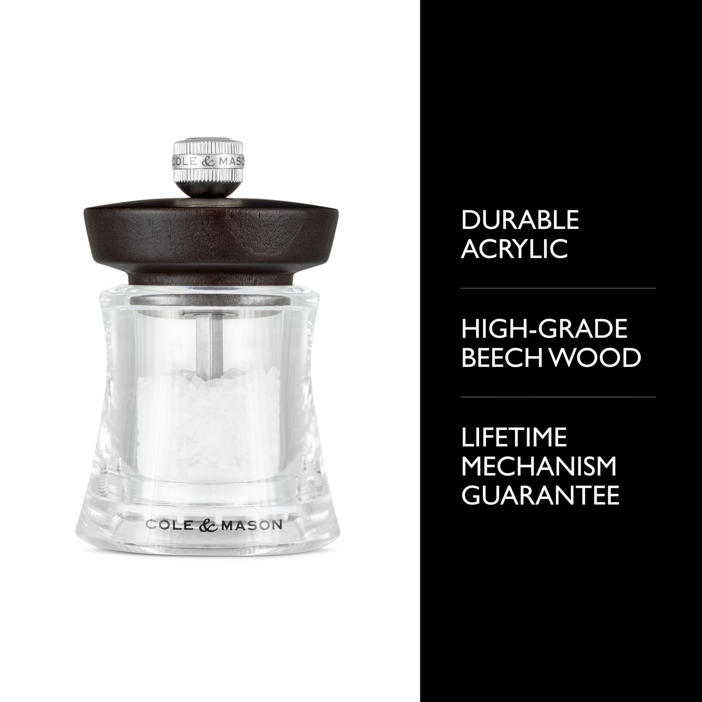 Cole & Mason Holborn Acrylic Salt Mill - Compact Hand Grinder - Acrylic Kitchen Tool with Adjustable Grind Setting - Easy-to-Clean Grinder with Premium Design - Chocolate Salt Mill, 3.75"