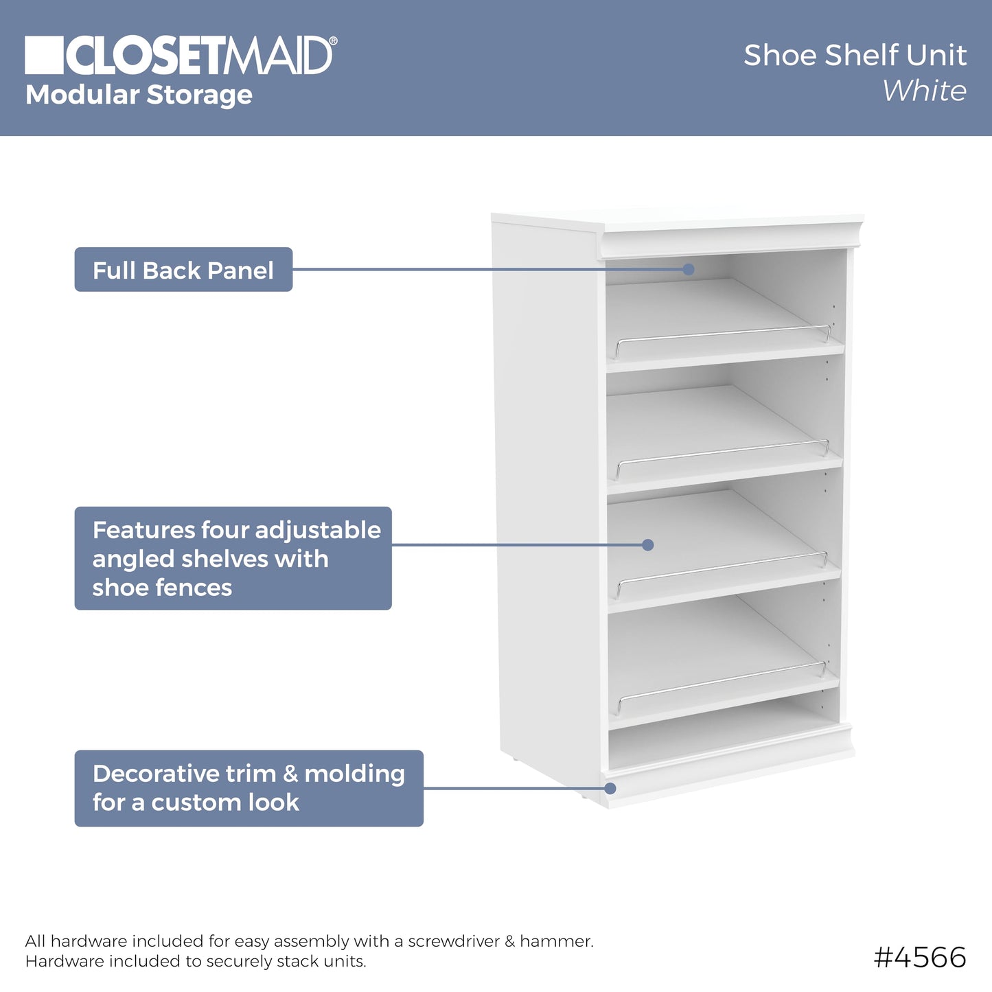 ClosetMaid Modular Shelf & Shoe Storage System Kit, 15.91" D x 80.35" H x 21.38" W, White