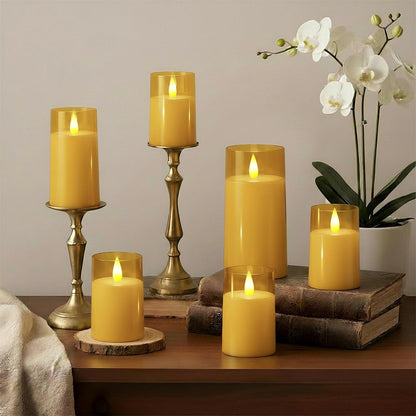 Raycare Flameless Electronic Pillar Candles with Remote Control and Timer- Battery Operated Realistic Flickering LED Fake Candle for Home, Wedding, Valentine's Day Decor, Gold,Set of 2(3"x6"6")