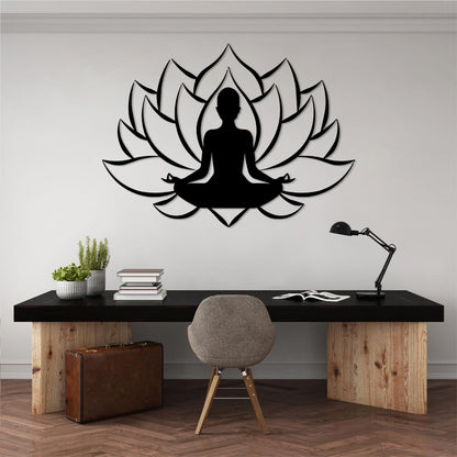 Veplsur Lotus Flower Decor, Metal Zen Wall Art, Yoga Zen Sign Decorative, Yoga Decor, Lotus Wall Hanging, Meditation Wall Art, Symmetry Art, Yoga Studio Decor, Home Decor (Black, 24"x17"|60x44cm)