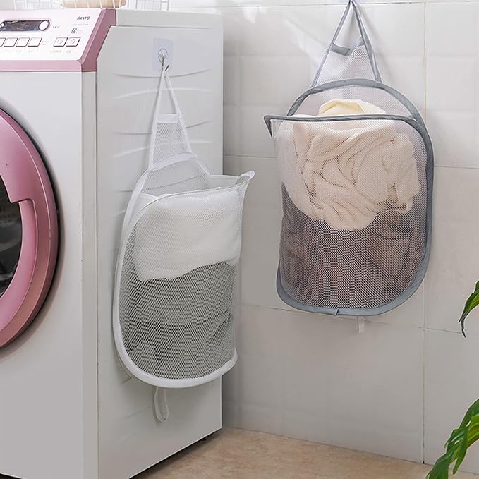 Pop-up Hanging Laundry Hamper Small Mesh Laundry Basket 2 Pack Foldable Hamper