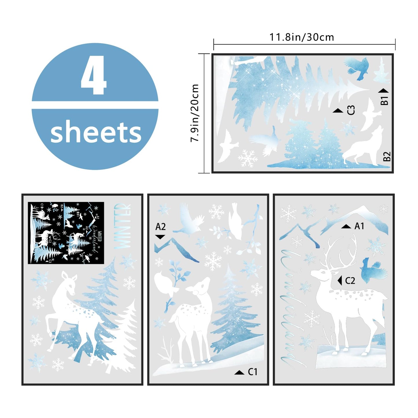 Yovkky Christmas Window Clings 4 Sheets, Winter Wonderland Snow Deer Elk Stickers Decals Decor, Xmas Tree Snowflakes Reindeer Holiday Home Kitchen Decorations