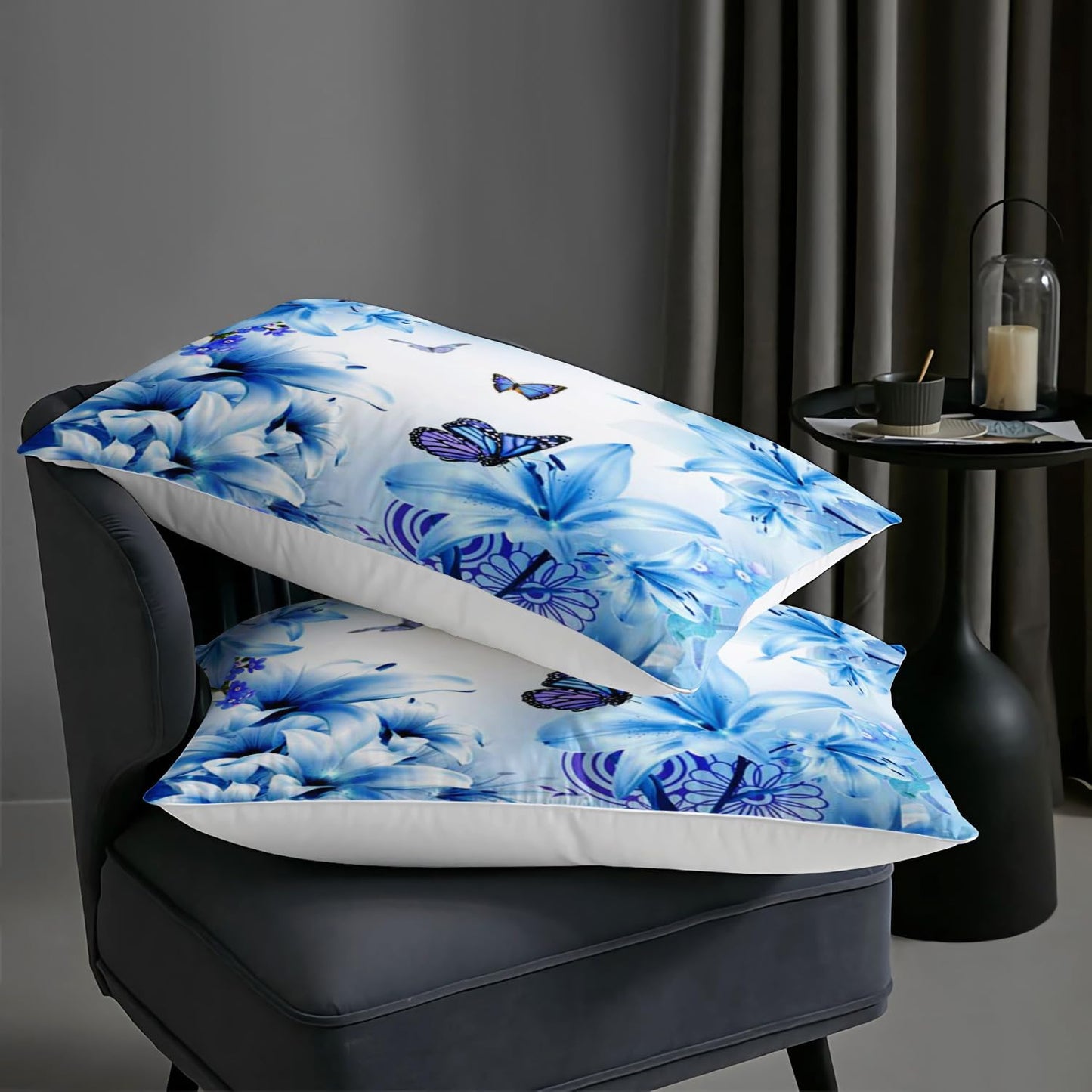 AILONEN Blue Floral Butterfly Bedding Set - Butterfly Comforter & 2 Pillowcases Queen Size - Beautiful Flower Teen Bedding Sets for Girls Women 3 Pieces Soft