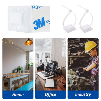 Strong Back-Glue Self Adhesive Cable Zip Tie Mounts Kit - 100 Set Cable Management Clips with 6" Zip Ties, Wire Holders - Outdoor Sticky Wire Organizer Clips - White