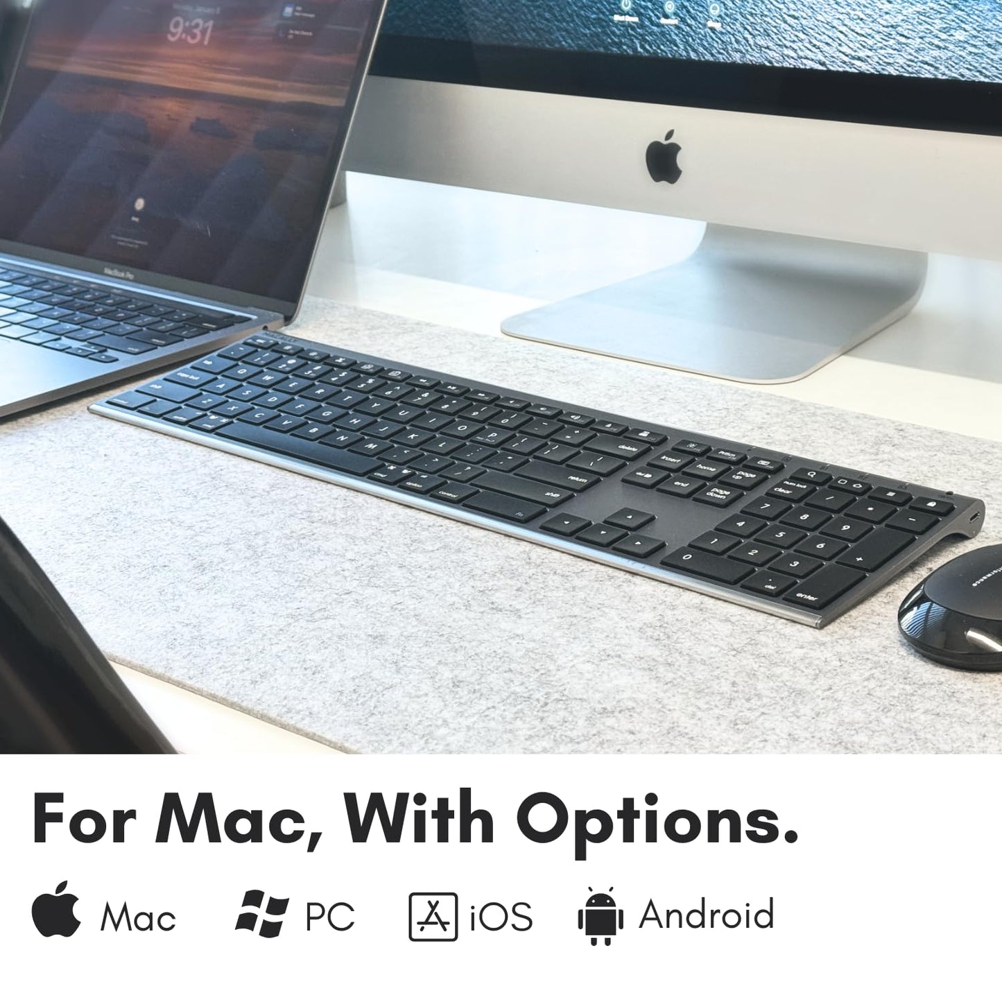Macally Wireless Bluetooth Keyboard for Mac - Compatible Apple Keyboard or MacBook Pro/Air, iMac - Multi-Device, Up to 3 Devices with 110 Keys, 20 Shortcuts, Numeric Keypad, and Rechargeable - Silver
