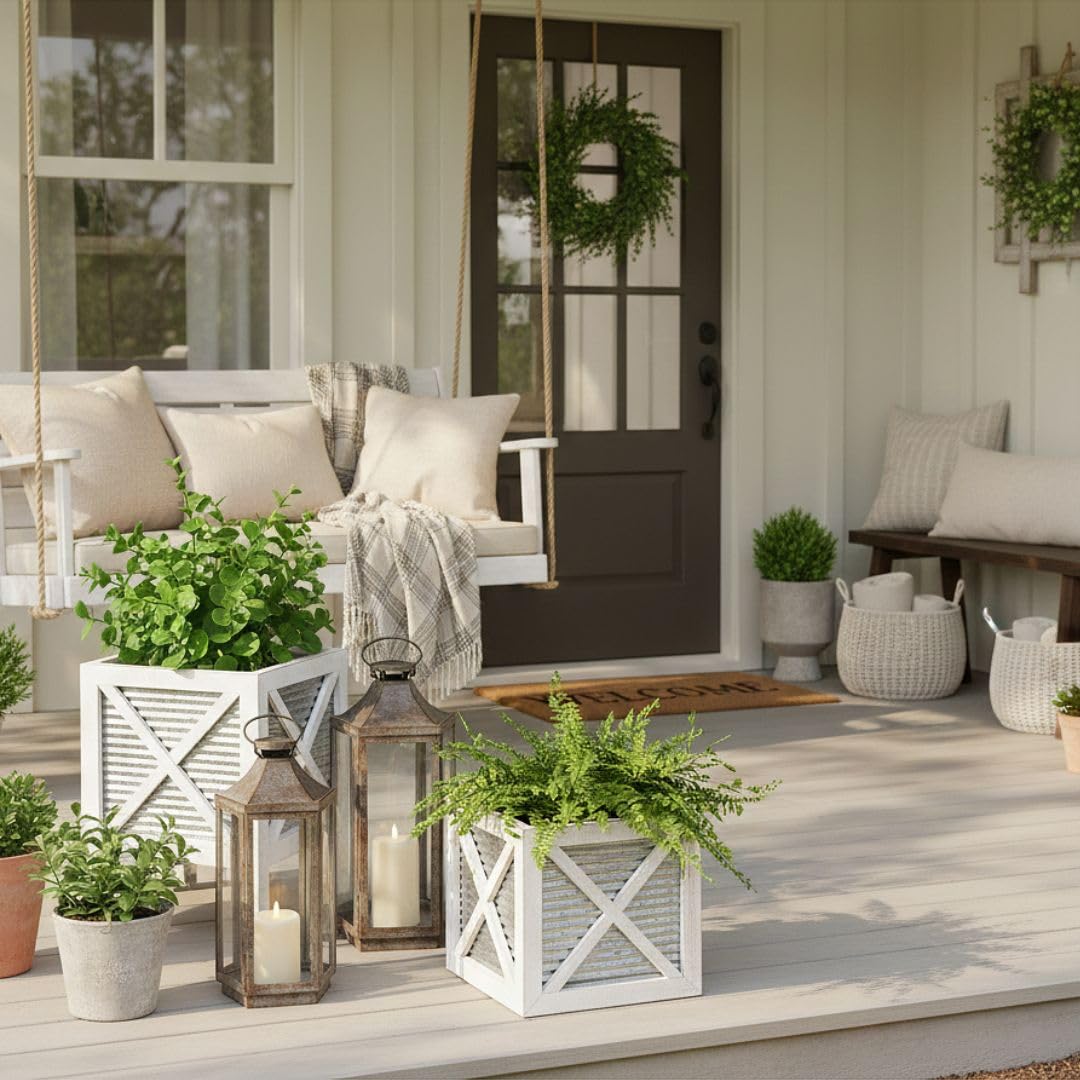 Autumn Alley Farmhouse Front Porch Planters Set of 2 Stand with Galvanized Corrugated Metal Planter for Outdoors/Indoors - Rustic Wood Square Planters Box on Legs – Charming Farmhouse Décor, White