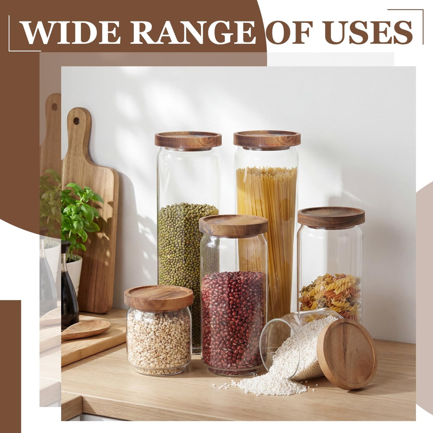 SiliFine 6 Set Glass Pantry Storage Jar with Acacia Airtight Lid 3 Size Glass Storage Container Jar for Pasta Spaghetti Cereal Coffee Bean Flour Sugar Rice, 17oz, 35oz, 53oz (Wood Lid)