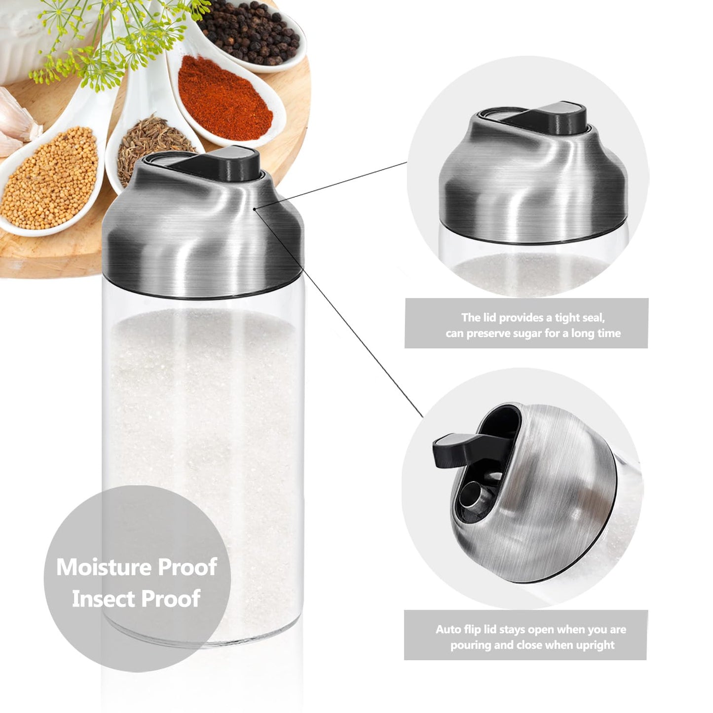 Aelga 12 OZ Glass Sugar Dispenser with Pour Spout, Weighted Pourer, for Coffee, Tea & Baking, 2 Pack
