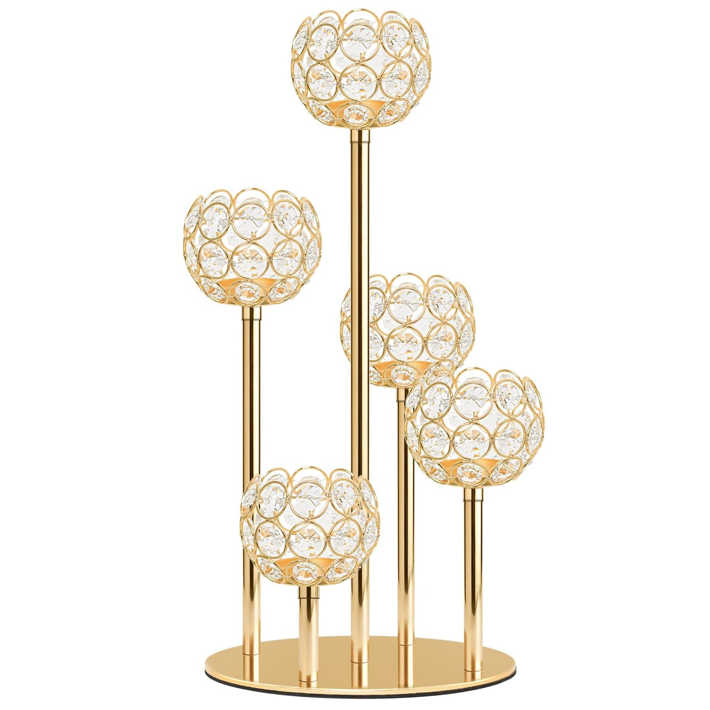 Kolnlala 5-Arm Crystal Tealight Candelabra Centerpiece, 14.8 Inch Metal Candle Holder for Table Decor, Wedding, Christmas, Party, Anniversary & Home Decoration (1, Gold, S-14.8 in)