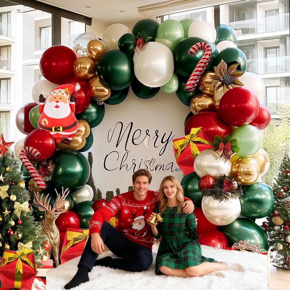 Christmas Balloon Arch Kit, Double Stuffed Dark Green Red Pearl White Gold Balloons Emerald Green Burgundy Balloon Garland for Christmas New Year Xmas Birthday Wedding Festival Party Decorations