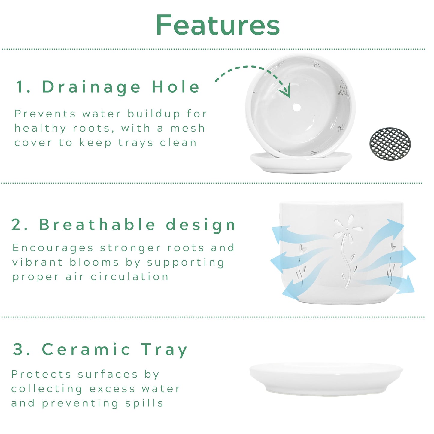 Thriving Thicket 2 Pack, 5 + 6 Inch White Orchid Pots with Holes and Saucer, Ceramic Orchid Planters for Repotting with Drainage Holes and Tray, Plant Flower Pot containers for Orchid Indoor Outdoor