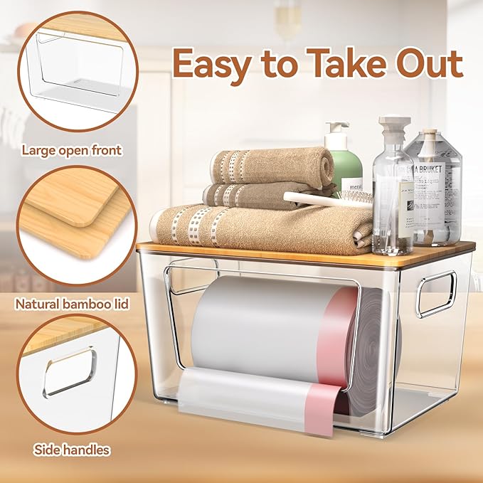 Trash Bag Holder with Bamboo Lid, Stackable Trash Bag Dispenser, Extra Large