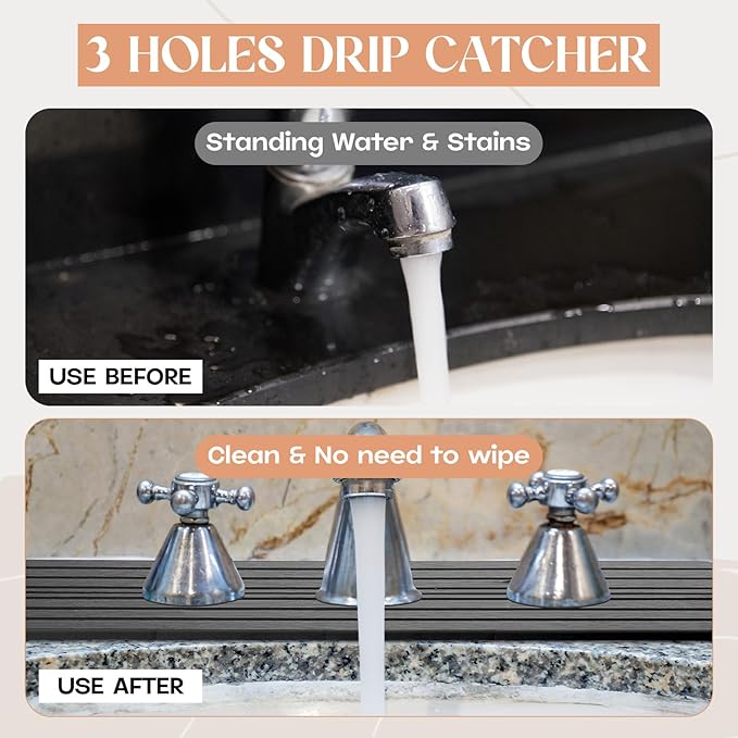 3 Hole Gray Faucet Mat for Kitchen Sink Bathroom 15.94" x 4.92" Kitchen Faucet