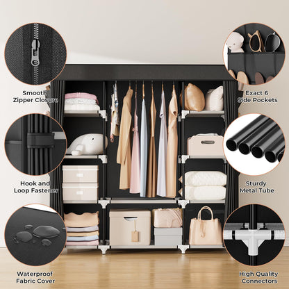 VTRIN Portable Closet Wardrobe for Hanging Clothes 57.3 Inch Large Capacity Clothes Rack with Cover, 10 Storage Organizer Shelves, 1 Hanging Rods and 6 Pockets, Free Standing Closet for Bedroom, Black