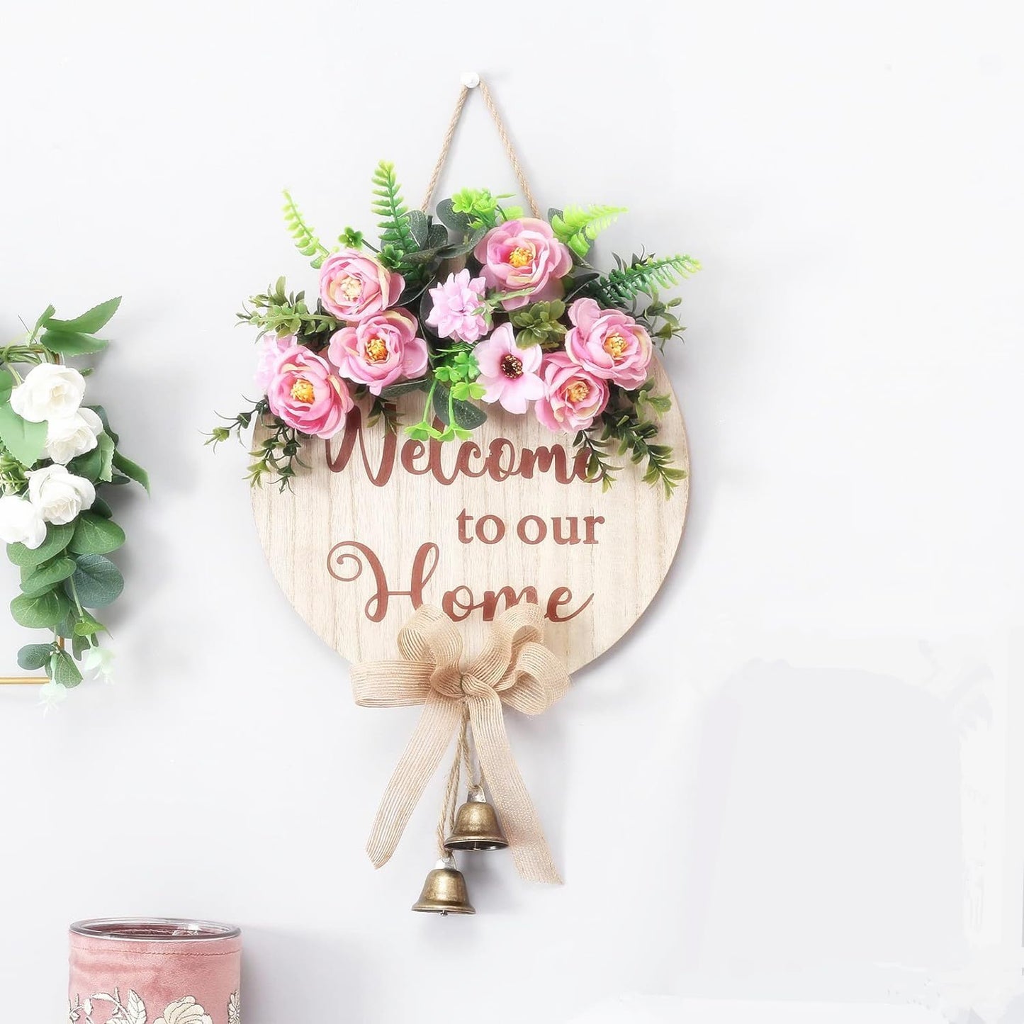 Welcome to Our Home Wreaths, Welcome Front Door Decoration Bell Signs, Farmhouse Indoor Porch Holiday New Year Christmas Decoration Housewarming Gift, 12 inches