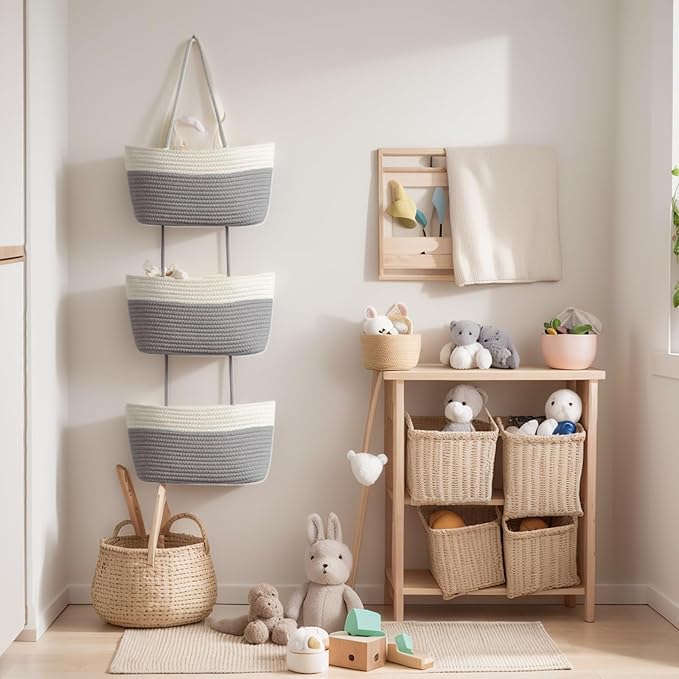 Hanging Baskets for Organizing, 3-Tier Woven Cotton Wall-Mounted Storage