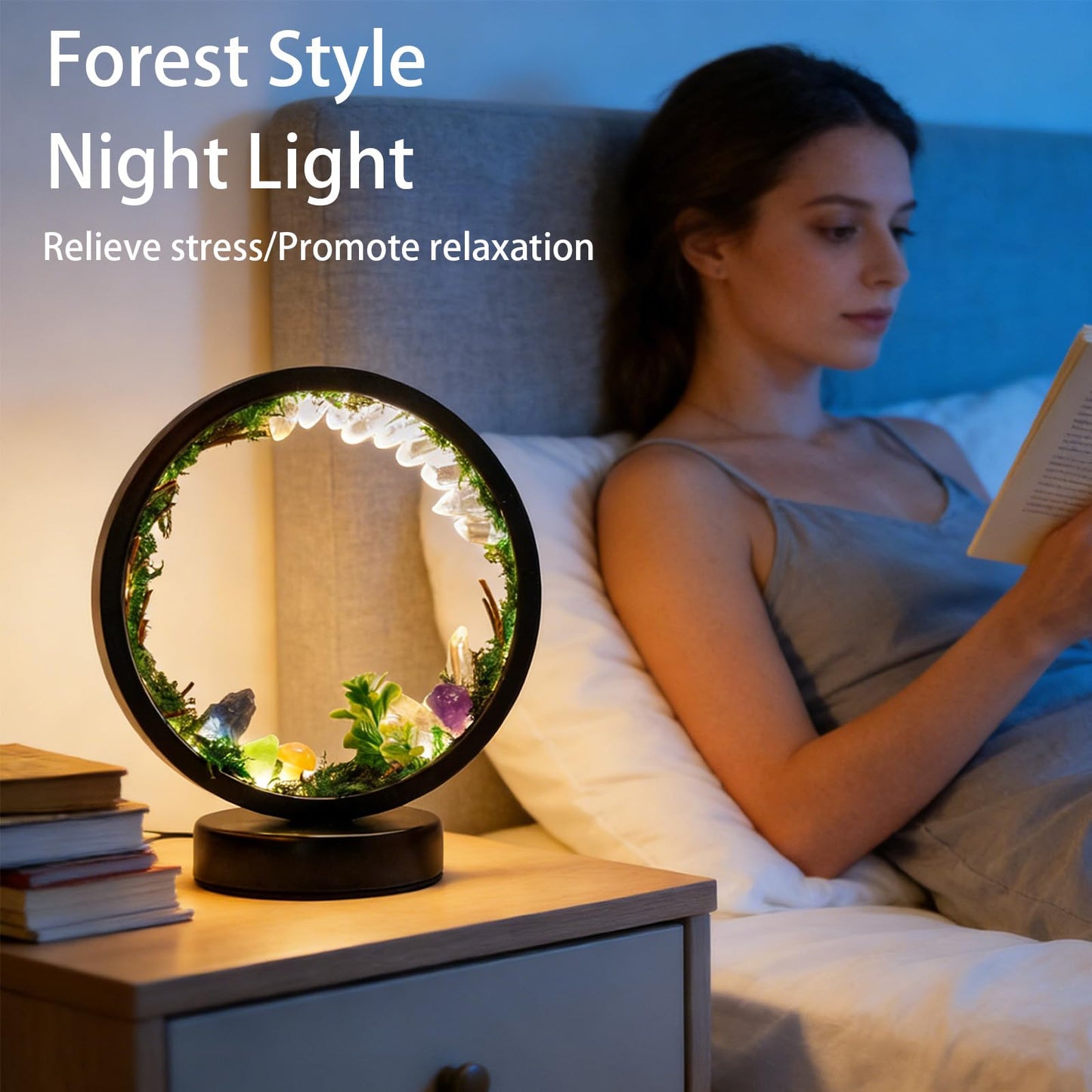 Runyangshi Forest Style Bedroom Night Light USB Port 3 Colours Dimming Mode Bedside Lamp Natural Clear Quartz Single Crystal Healing Crystal Night Lamp for Bedroom Office Home Decor Gift