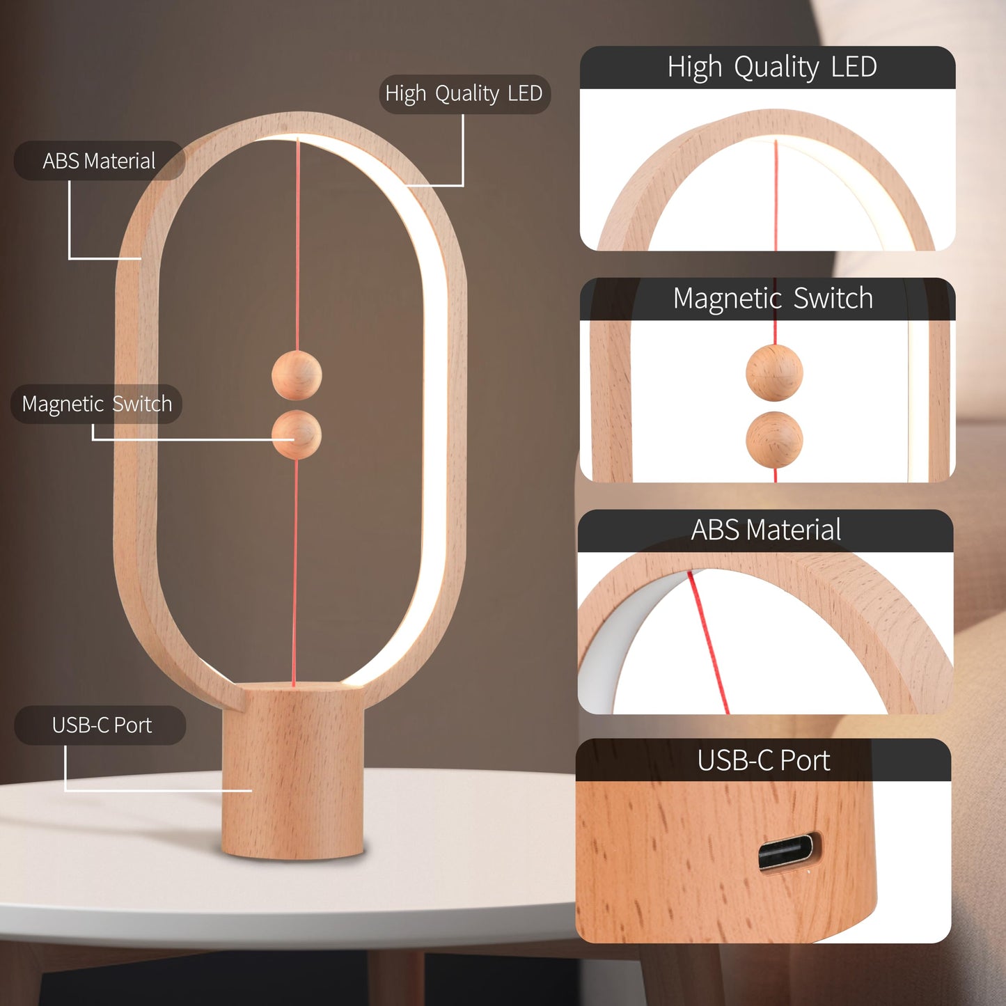 BABLOOM Heng Balance Light, USB Powered LED Table lamp, Creative, Magnetic Switch Night Light, dimmable Eye Protection Table lamp, Used for Gifts, Decoration Bedside, Dormitory and Office(Wood Grain)