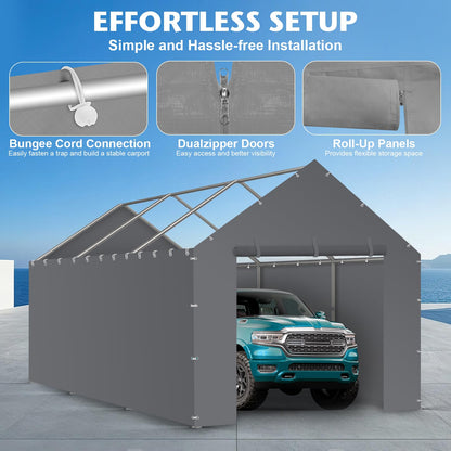 Carport Replacement Canopy Cover Sidewalls for 10x20x9.35FT Frame, Heavy Duty Garage Car Tent Shelter Tarp with Ball Bungees, Waterproof & UV Protected (Frame is not Included) (Grey)
