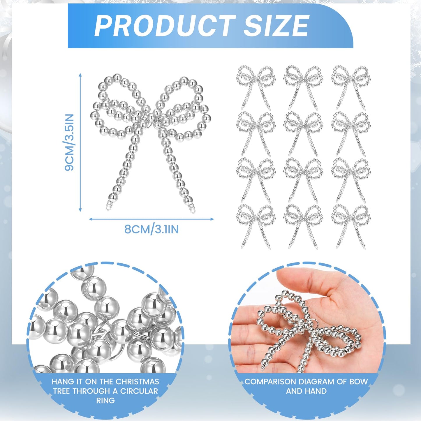 Arrowbash 12 Pcs Pearl Bow Christmas Tree Ornaments Silver Christmas Metallic Pearl Bead Bow Hanging Ornaments 3.15 x 3.54 Inches Pendant for Garland Wreath Gift Wrapping DIY Craft Holiday Decoration