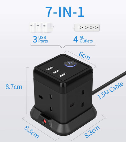 Cube Extension Lead with 3 USB Slots 13A 3250W Hulker 4 Gang Plug Socket with Switch 4 Way Power Strip with 3 USB Port 1.5M Extension Cord Black for Home Dorm Office Travel