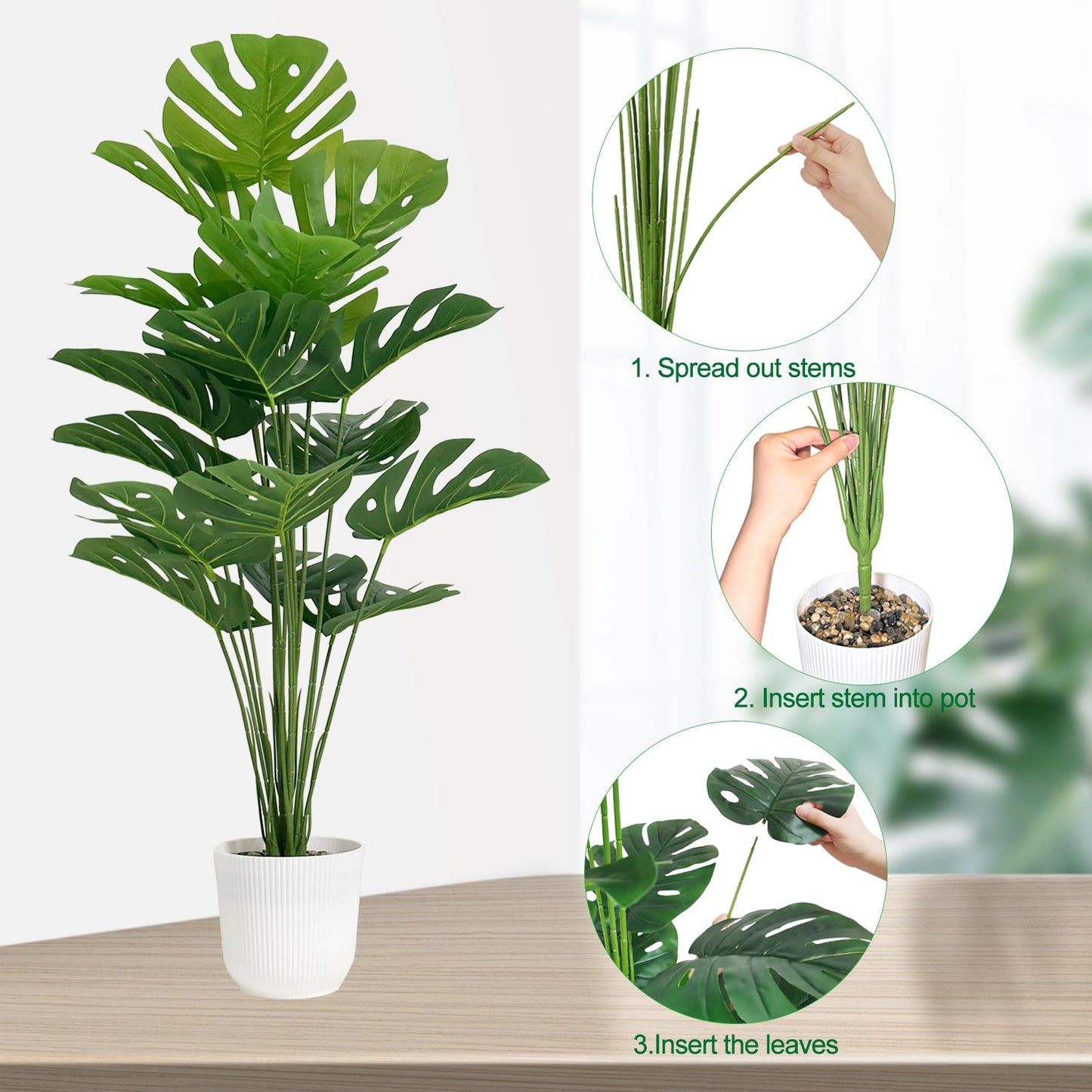 SAJANDAS Set of 2 Artificial Monstera Deliciosa Plants in Pots, Fake Tropical Trees with Greenery Leaves Stems, 32 Inch Faux Swiss Cheese Floor Plants for Home Porch, Garden, Office, Store Decor