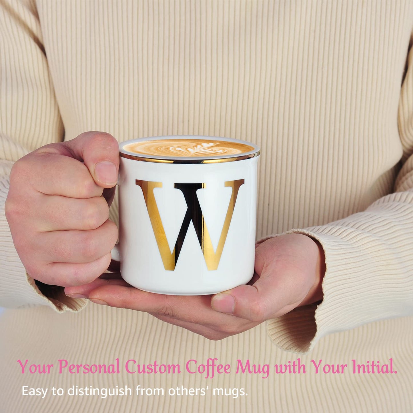 Miicol Ceramic Coffee Mug 16 oz, Monogram Coffee Cup, Golden Initial Tea Mug, Personalized Tea Cup, Unique Gift, Large Mug for Home, Office, Letter W