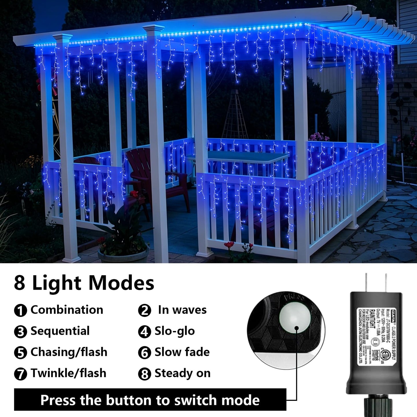 QITONG Blue Icicle Lights for Outside, 33ft 400 LED String Lights Plug in with 8 Modes, Clear Wire Connectable Icicle Christmas Light Indoor