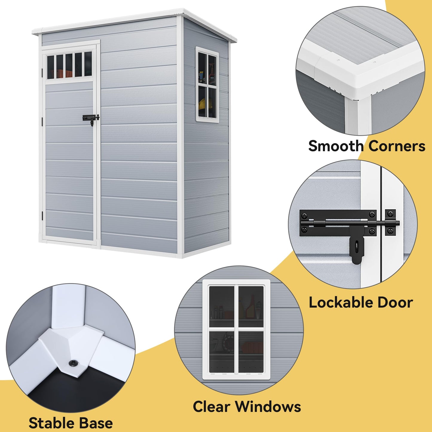 DWVO Outdoor Storage Shed, All-Weather Resin Plastic Storage Shed with Windows, Slanted Roof, Raised Floor, Capacity for Garden Tools & Equipment, Ideal for Backyard & Garden (Gray, 5X3FT)