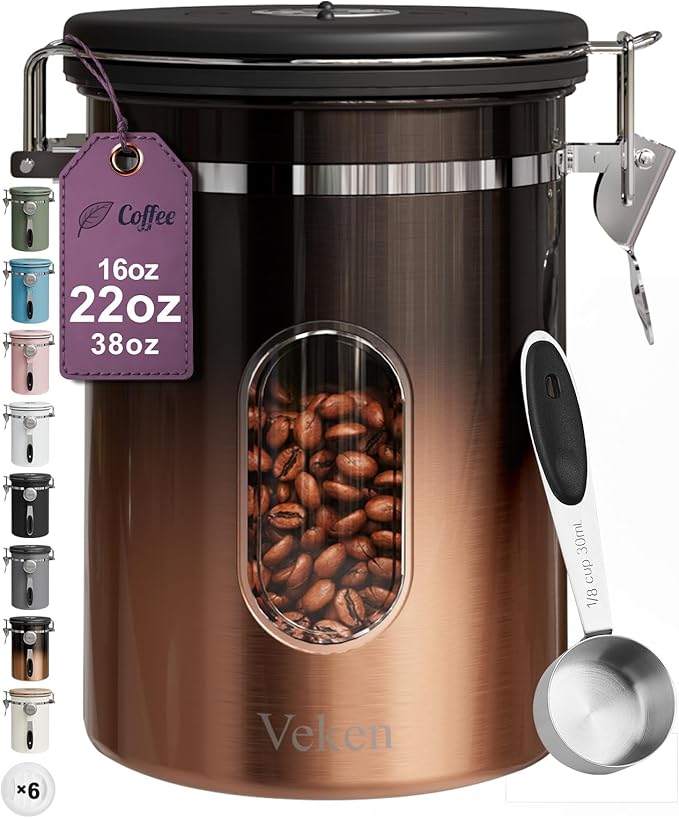 Veken Coffee Canister with Window, Airtight Stainless Steel Kitchen Food
