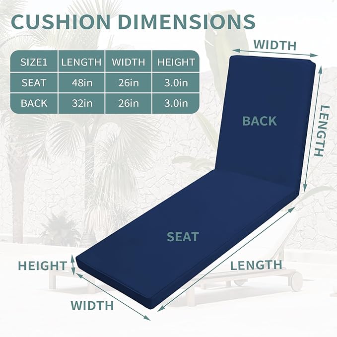Outdoor Chaise Lounge Cushions for Patio, Lounge Chair Cushions, Waterproof