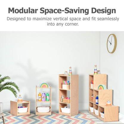 Bolocon Modular 3-Piece Cube Storage Cabinet, L-Shaped Reversible Ladder Corner Bookshelf with 6+ Cubes, 4-Tier Wooden Freestanding Organizer for Kids Room & Home Office, Natural