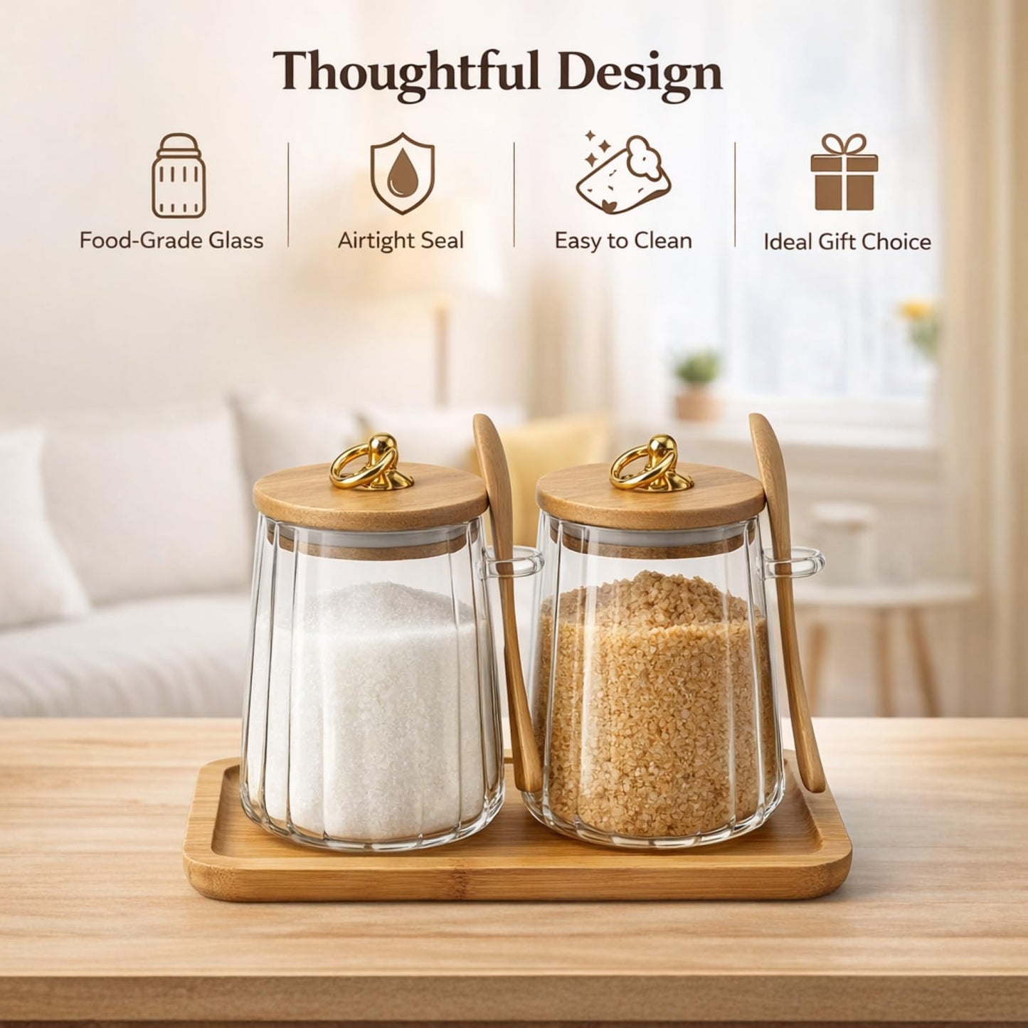 Mowhut Sugar Container,22 FL OZ Airtight Sugar Bowl,Coffee Bar Accessories,Overnight Oats Salt Cookie Coffee Bean Candy Containers with Bamboo Lids Spoon and Pallet,Wide Mouth Glass Jar