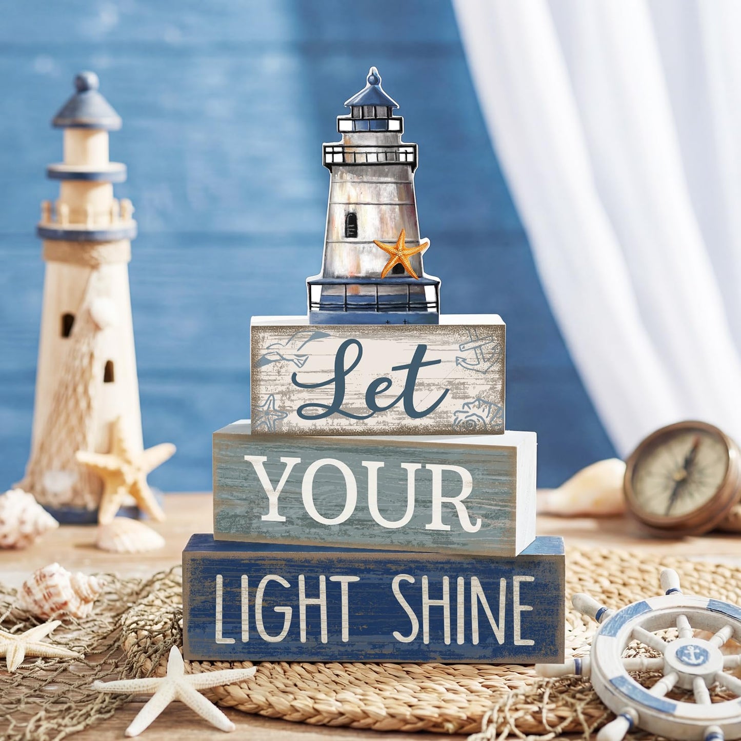 Lineshading 4 Pcs Beach Coastal Table Decor Wooden Lighthouse Decoration with Starfish Summer Tiered Tray Decor Blue and White Ocean Centerpieces Rustic Beach House Nautical Decorations for Home Shelf