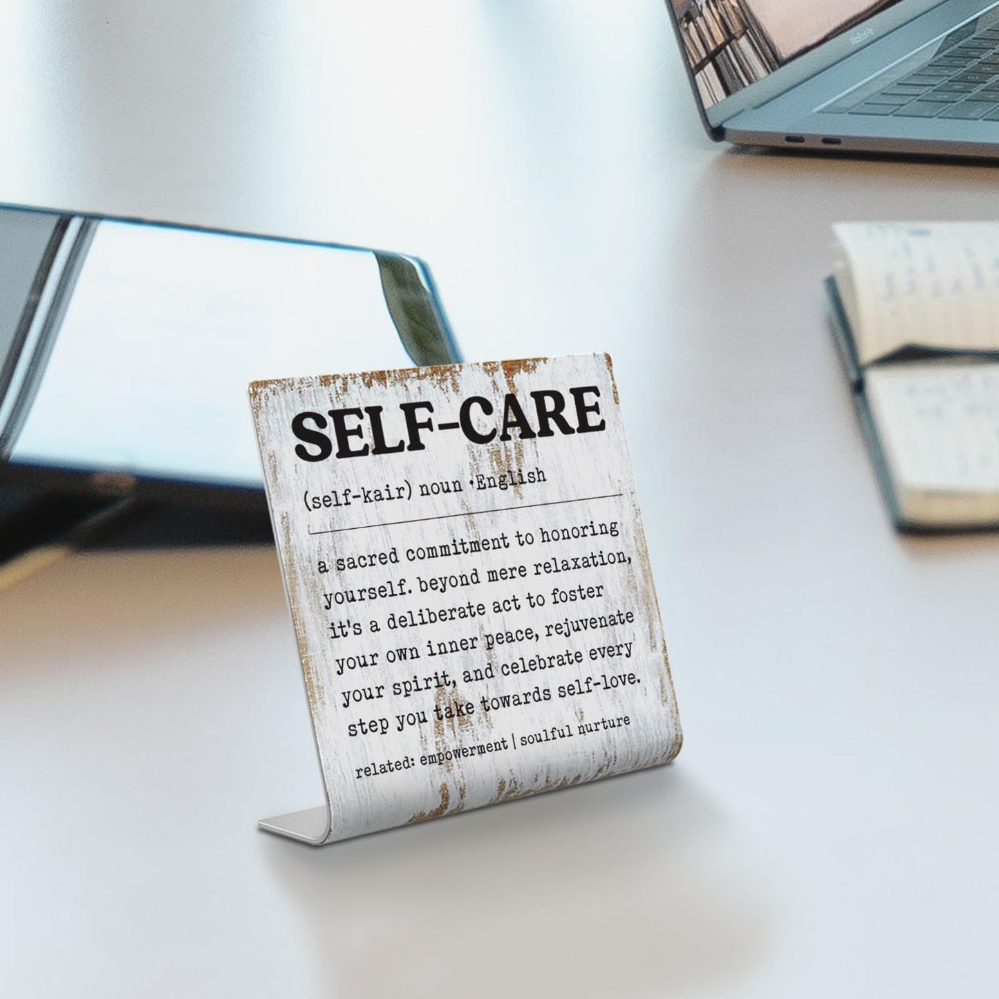 Self-Care Inspirational Desk Sign Inner Peace Self-Love Quote Plaque, Rustic Steel Decor for Therapists, Women, Friends, or Office Spaces, Daily Mental Wellness Reminder Gift XLK521