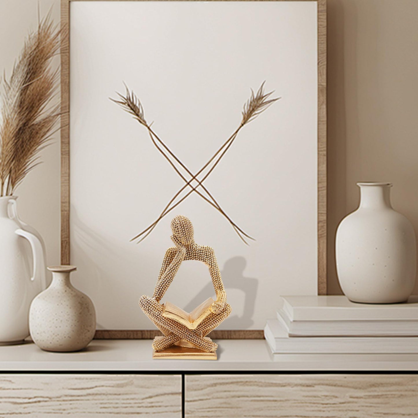 Neeenn Sparkling Gold Reading Women Statue, Thinker Sculptures, Abstract Art Ornament, Modern Aesthetic Figurine Decoration for Home Living Room Bedroom Office Shelf Table Desk Bookshelf Decor
